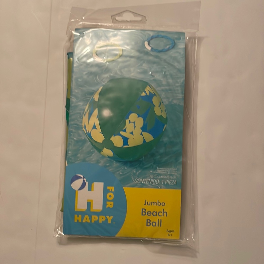 H For Happy jumbo beach ball, ages 6+. Dimensions 13.75 in (34.9 cm)